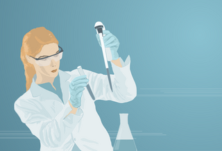 Illustration: Blauer Hintergrund, eine Forscherin im weißen Kittel hält ein Reagenzglas ins Licht.