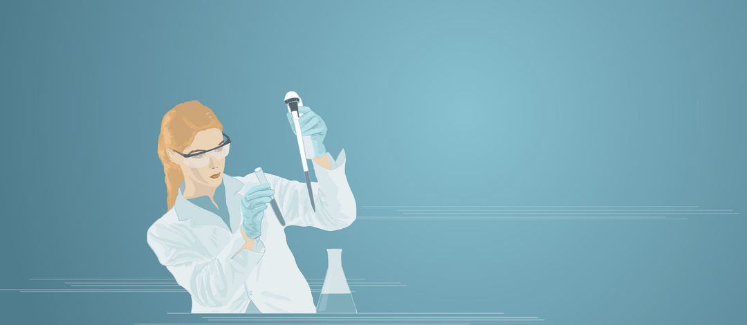 Illustration: Blauer Hintergrund, eine Forscherin im weißen Kittel hält ein Reagenzglas ins Licht.