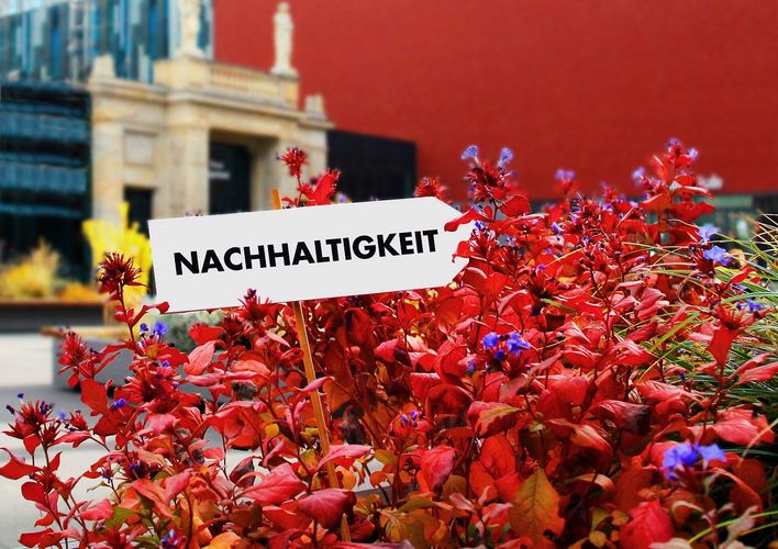 Zu sehen ist das Leibniz-Forum der Universität Leipzig, im Vordergrund ein Schild mit der Aufschrift "Nachhaltigkeit".
