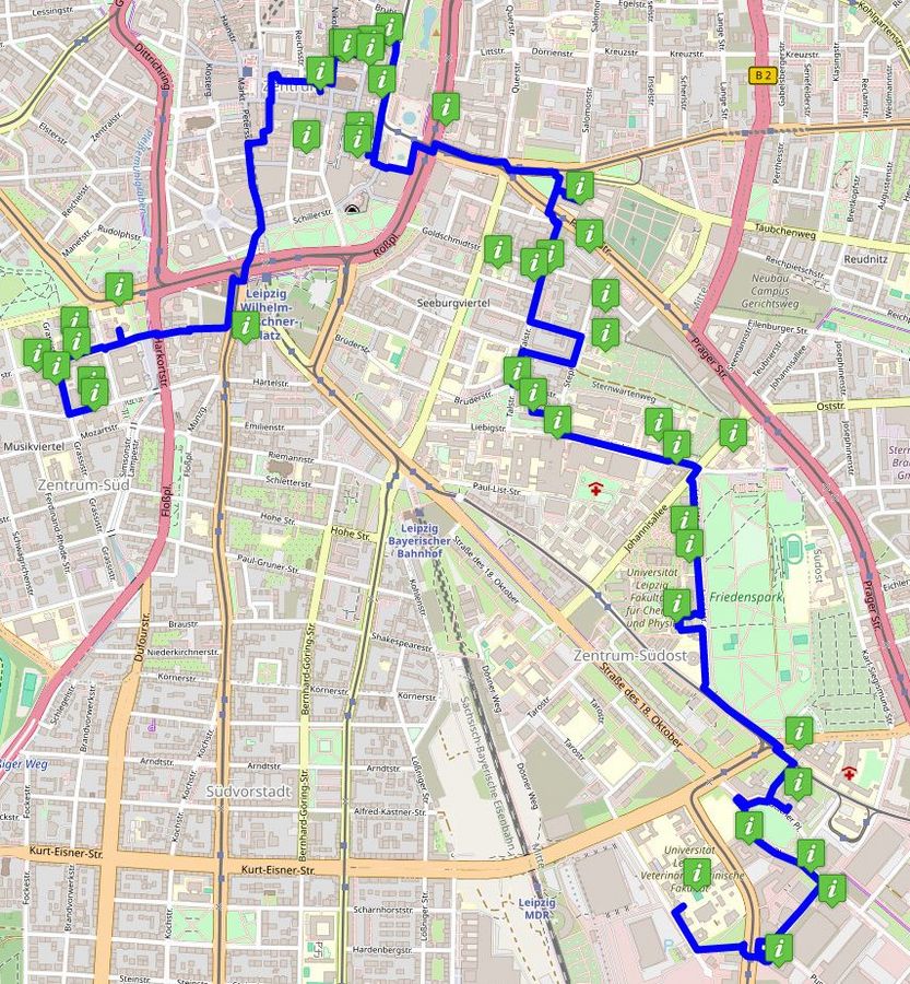 zur Vergrößerungsansicht des Bildes: Stadtplan von Leipzig mit einer blauen Linie, die die Leipziger Wissensspur anzeigt