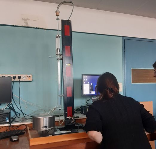 Eine Frau sitzt an einem Laborarbeitsplatz und schaut auf einen Computermonitor.