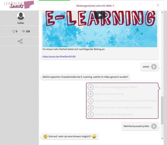 Bildschirmfoto der Software "Learning Snacks"