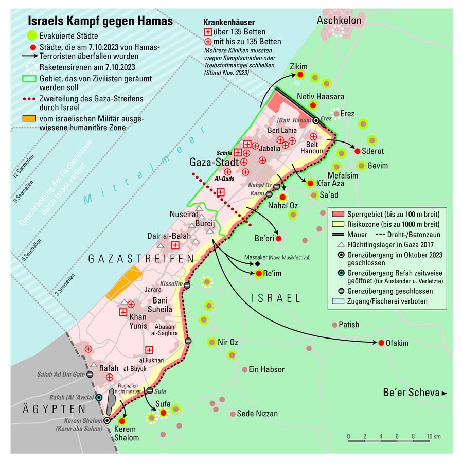 zur Vergrößerungsansicht des Bildes: Zu sehen ist eine Landkarte des Gaza-Streifens vom Oktober 2023. Eingezeichnet sind Krankenhäuser, militärische Sperrzonen und die Stätten des Angriffs der Hamas-Terroristen in Israel.