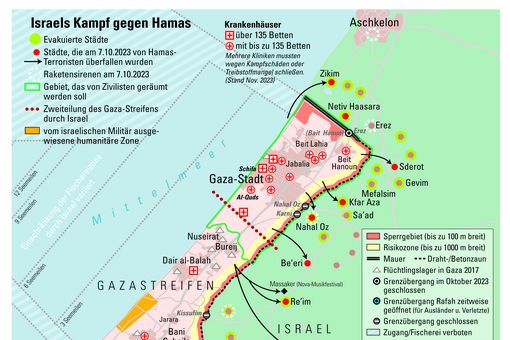 Zu sehen ist eine Landkarte des Gaza-Streifens vom Oktober 2023. Eingezeichnet sind Krankenhäuser, militärische Sperrzonen und die Stätten des Angriffs der Hamas-Terroristen in Israel.