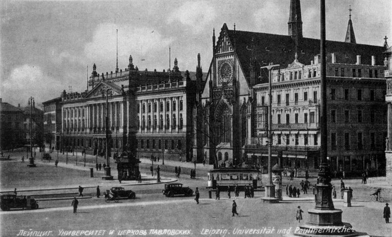 Historische Aufnahme des Leipziger Augustusplatzes mit Blick auf die Paulinerkirche und dem Kaffeehaus Felsche