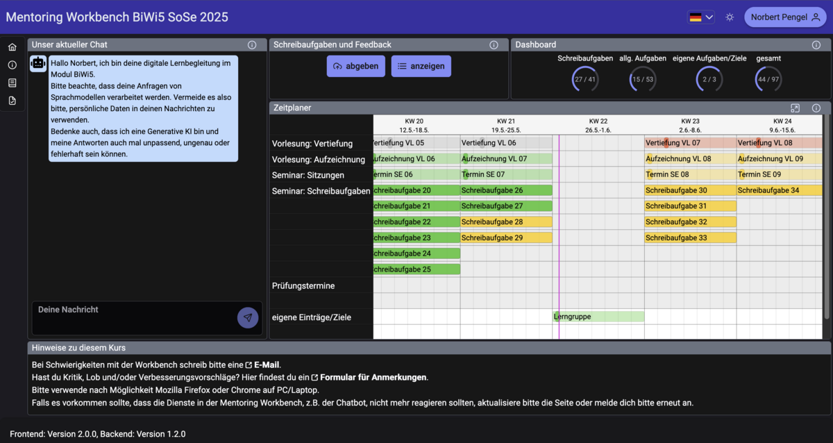 zur Vergrößerungsansicht des Bildes: Screenshot von der Mentoring Workbench, in der unter anderem der BiWi AI Tutor läuft