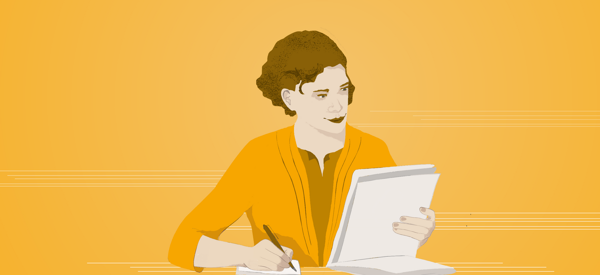 Illustration: Auf gelbem Hintergrundes das Bild einer sitzenden Frau zu sehen, die etwas notiert.