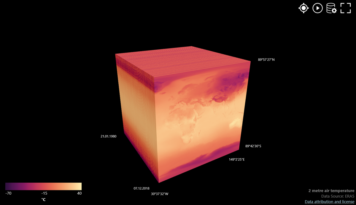 zur Vergrößerungsansicht des Bildes: Der Lexcube in der Anwendung: Der Datenwürfel zeigt die Veränderung der Temperatur im Zeitverlauf.