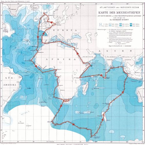 Landkarte mit eingezeichneter Fahrtroute der Tiefsee-Expedition