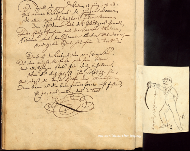 Alte Buchseite mit historischer Schrift und Zeichnung eines Mannes