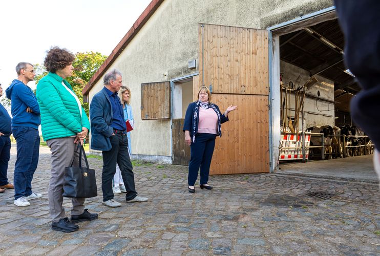 Das Bild zeigt Gutsleiterin Karin Heinichen sowie Rektorin Schücking und deren Gäste beim Rundgang über das Gelände, hier vor dem Rinderstall. 