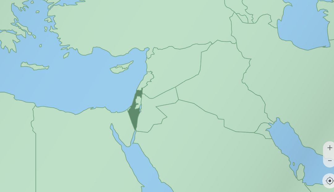 Zu sehen ist die Landkarte des Nahen Ostens, unter anderem mit Gaza, Israel und Palästina
