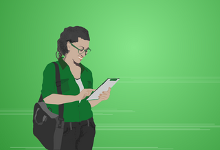 Illustration: Grüner Hintergrund, eine Junge Frau steht und schaut auf ihr Handy.