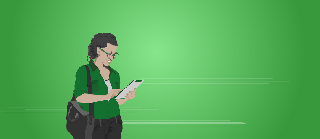 Illustration: Grüner Hintergrund, eine Junge Frau steht und schaut auf ihr Handy.