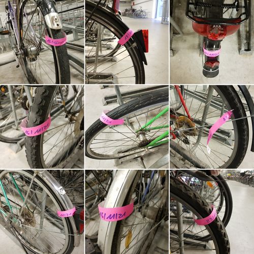 Neun Fotos von Fahrrädern, die mit rosa Papierbändchen markiert wurden.