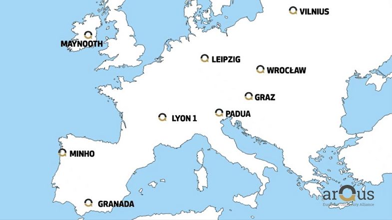 Zu sehen ist eine europäische Landkarte mit den Standorten der ARQUS-Hochschulallianz